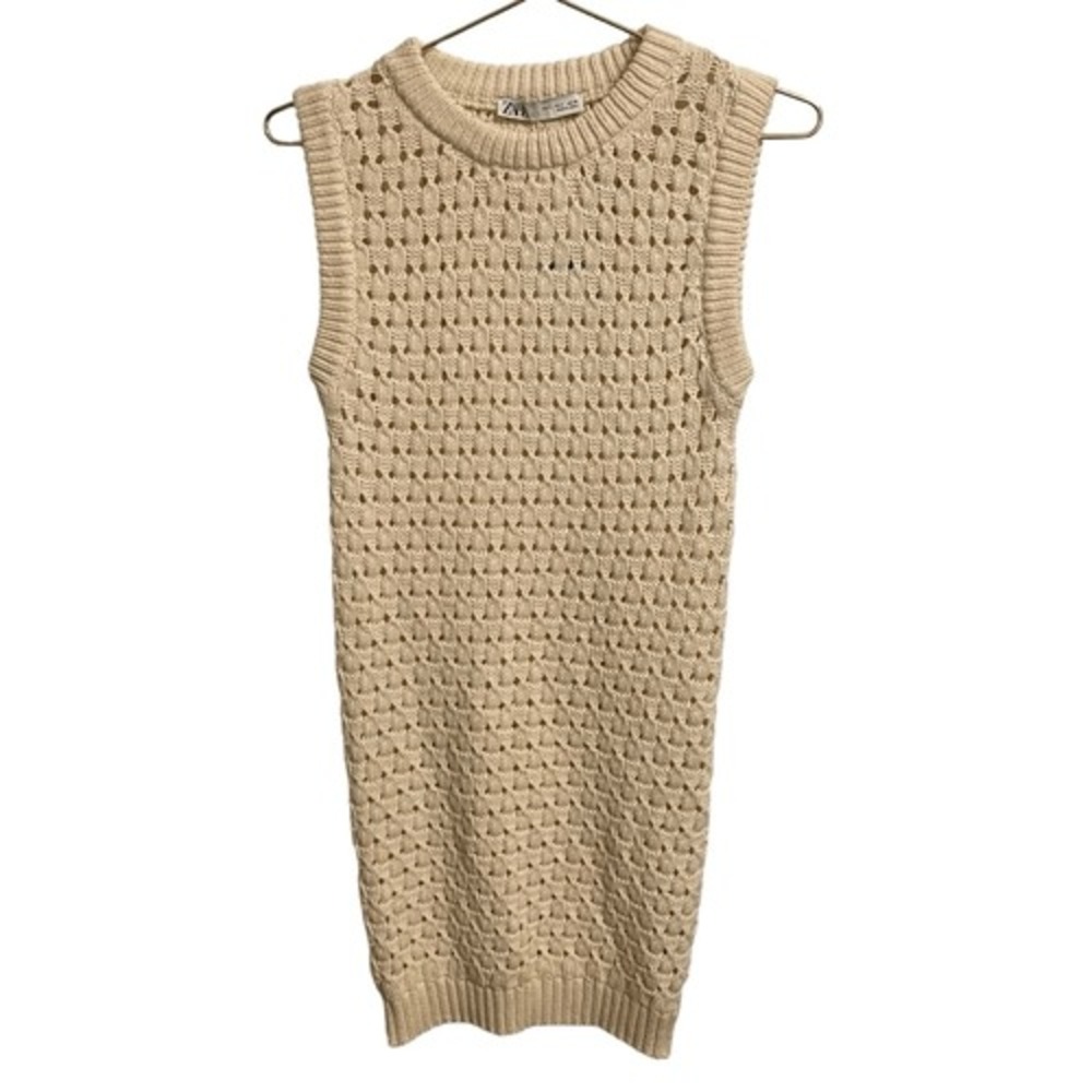 Zara Womens Cream Crochet Knit Sweater Vest Dress Sleeveless Crew Neck Size S
